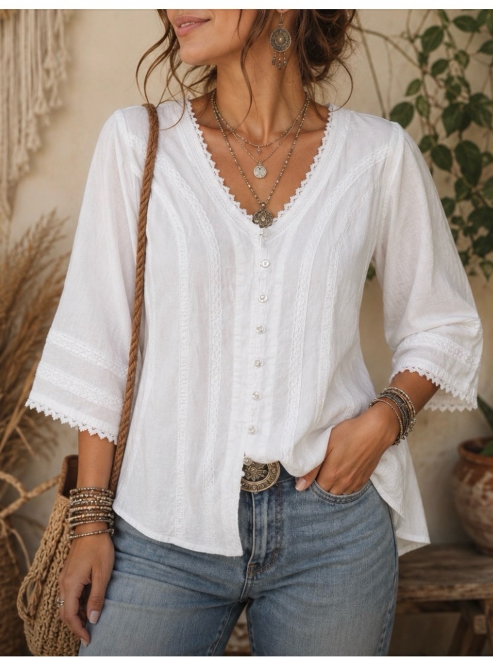 Inca Cottons White Boho Lace Shirt Women’s Medium Made In Peru
